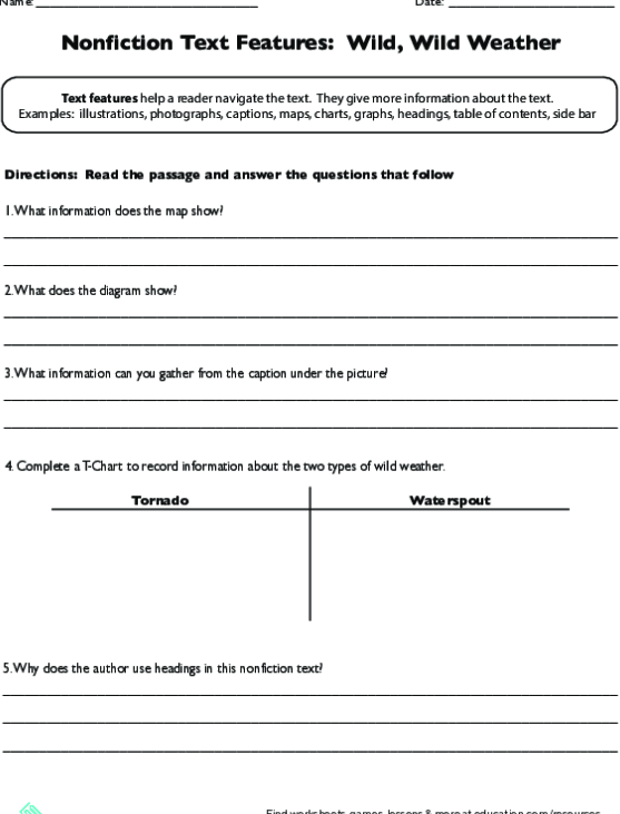 Nonfiction Text Features Wild Wild Weather Reading Worksheet 19 Third grade student working on a worksheet about extreme weather nonfiction text features