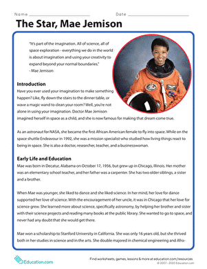 Introducing Mae Jemison the Star reading and grammar worksheet for grade three Third grade reading comprehension worksheet featuring a portrait of astronaut and scientist Mae Jemison