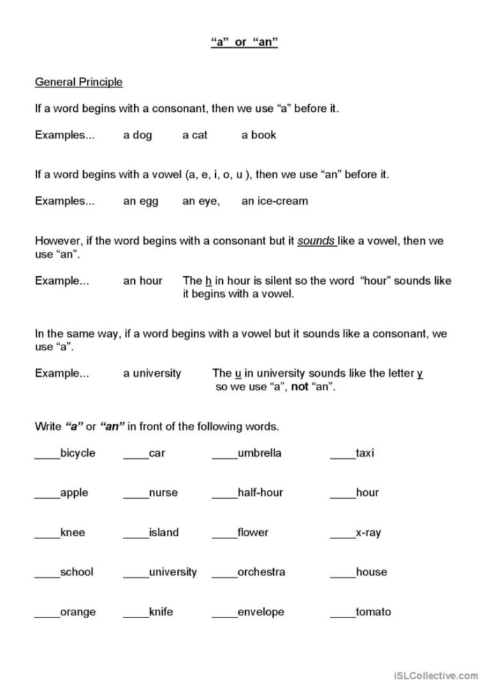 Interactive exercise to help students learn the difference between "a" and "an A colorful worksheet for third graders to practice using "a" and "an" correctly