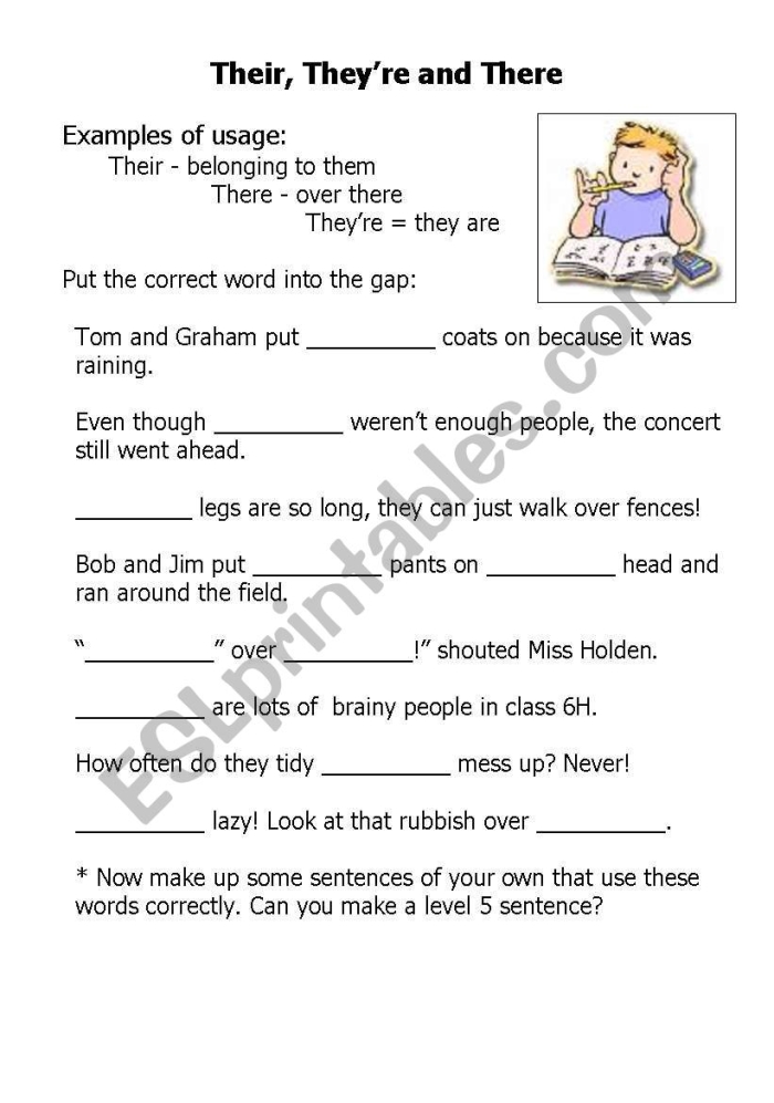 Educational resource for mastering place value and word usage in sentences Worksheet for understanding the differences between there, their, and they're for third graders