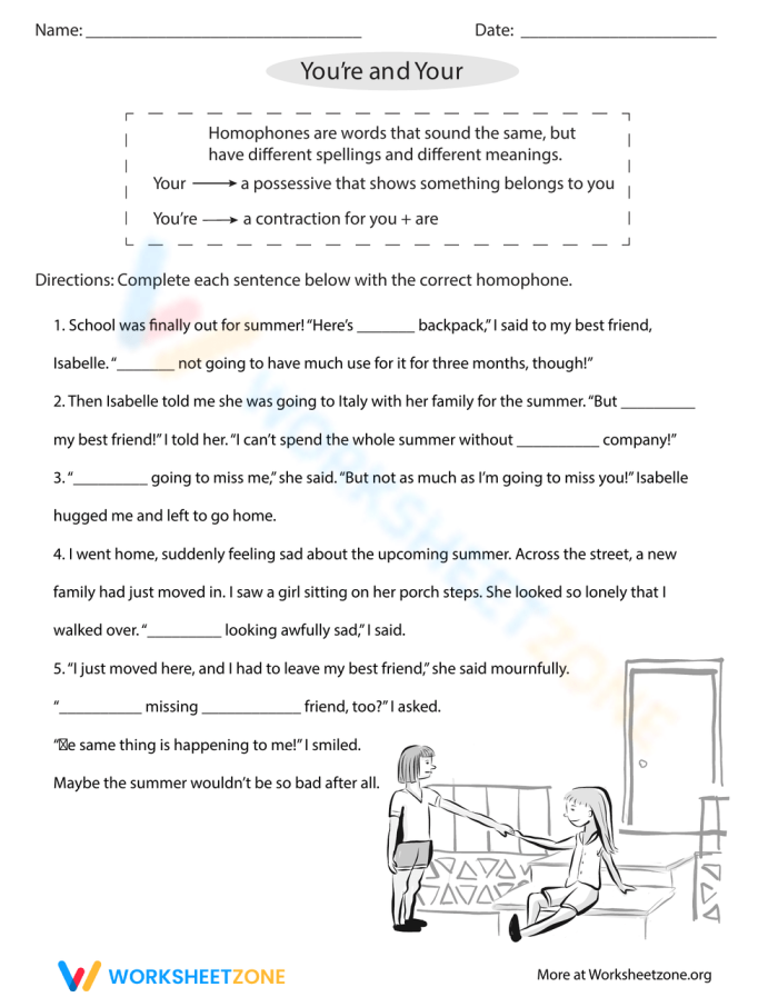 Educational activity for mastering your and you're concepts in writing Worksheet helping third graders distinguish between your and you're