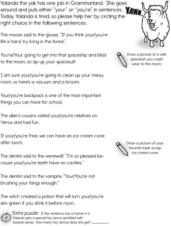 Educational activity to help students master the difference between you're and your Worksheet for third graders on using you're and your