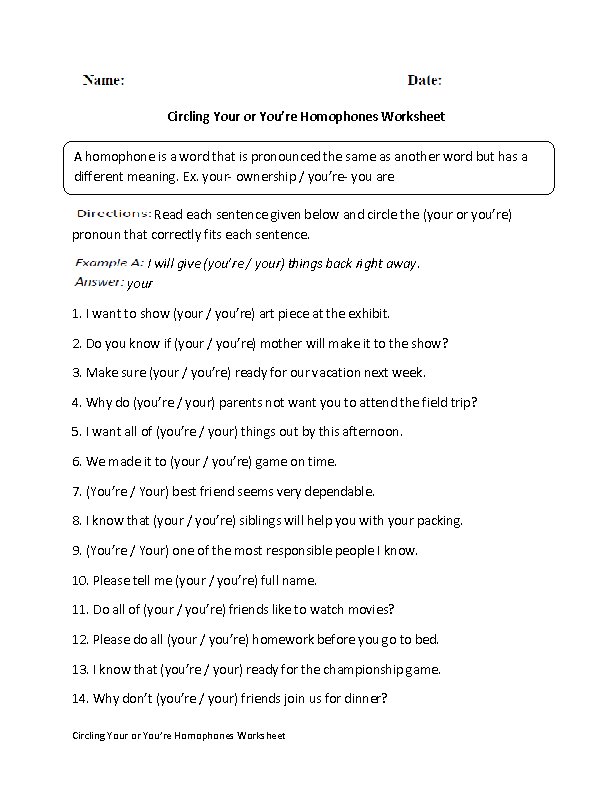 Educational resource for mastering "you're" and "your" in writing Worksheet illustrating the difference between "you're" and "your" for third graders