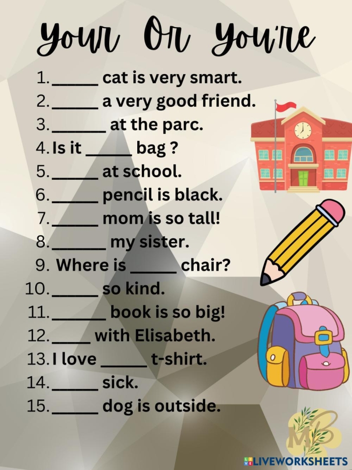 Engaging activity to help students differentiate between you're and your Worksheet for third graders to practice using you're and your in sentences