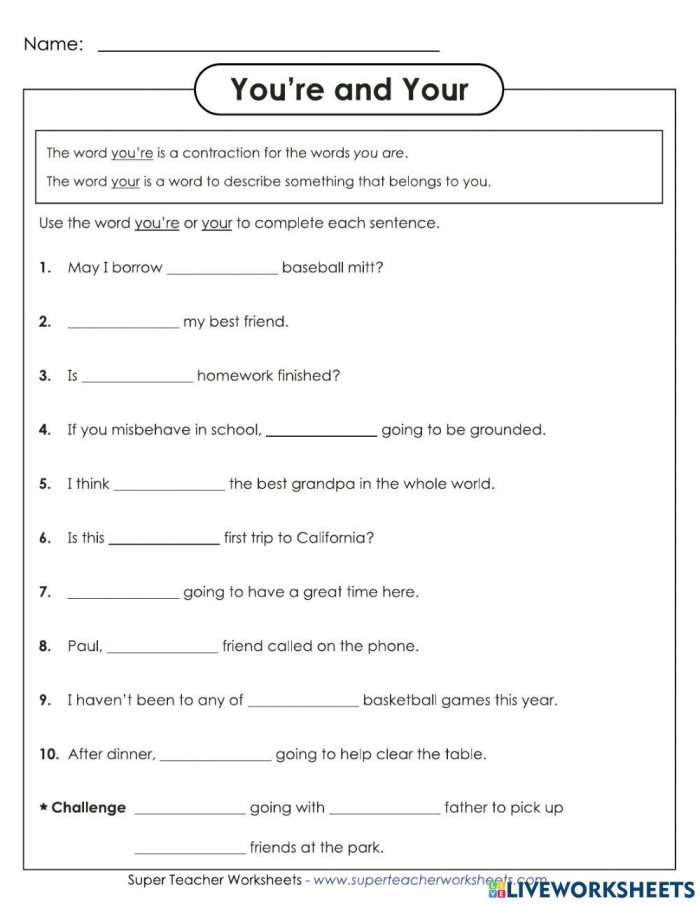Interactive exercise to help students master you're vs. your Worksheet for third graders on using you're and your correctly