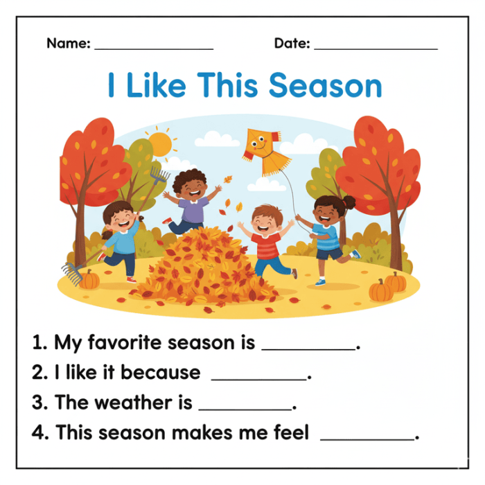Third grade writing prompt worksheet featuring space to describe a favorite season