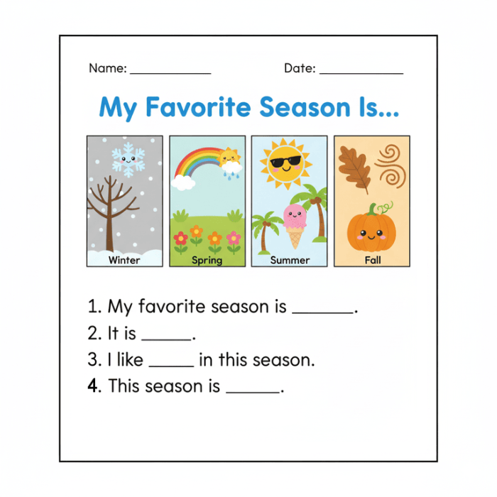Third grade opinion writing worksheet featuring a prompt about favorite seasons