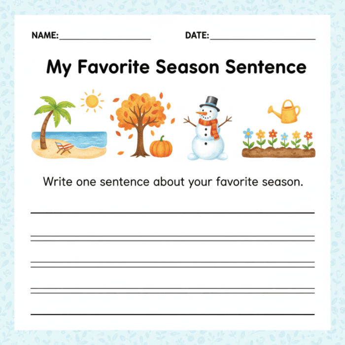 Worksheet for third graders on writing about their favorite season