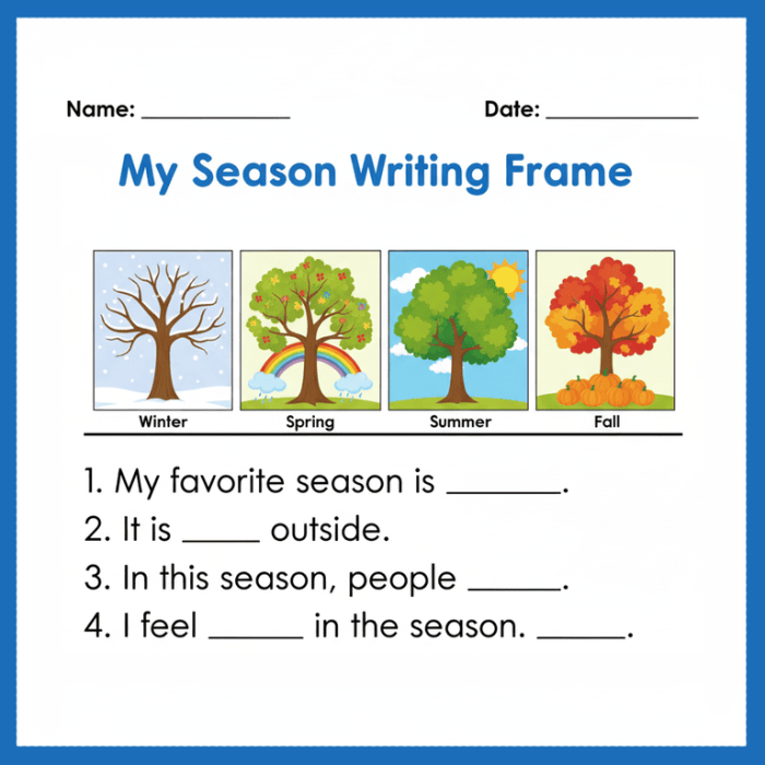 Worksheet featuring a writing prompt about children's favorite seasons