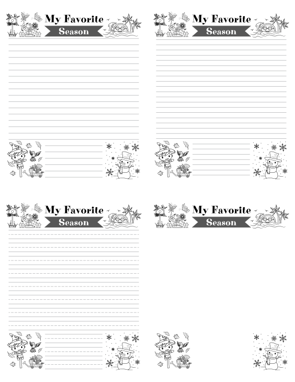 Third grade student writing worksheet about their favorite season with decorative icons