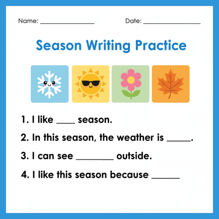 Third grade writing prompt worksheet featuring an opinion task about choosing a favorite season
