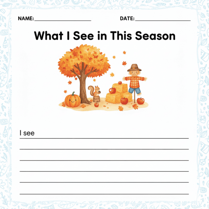 Third grade writing prompt worksheet featuring space to describe a favorite season