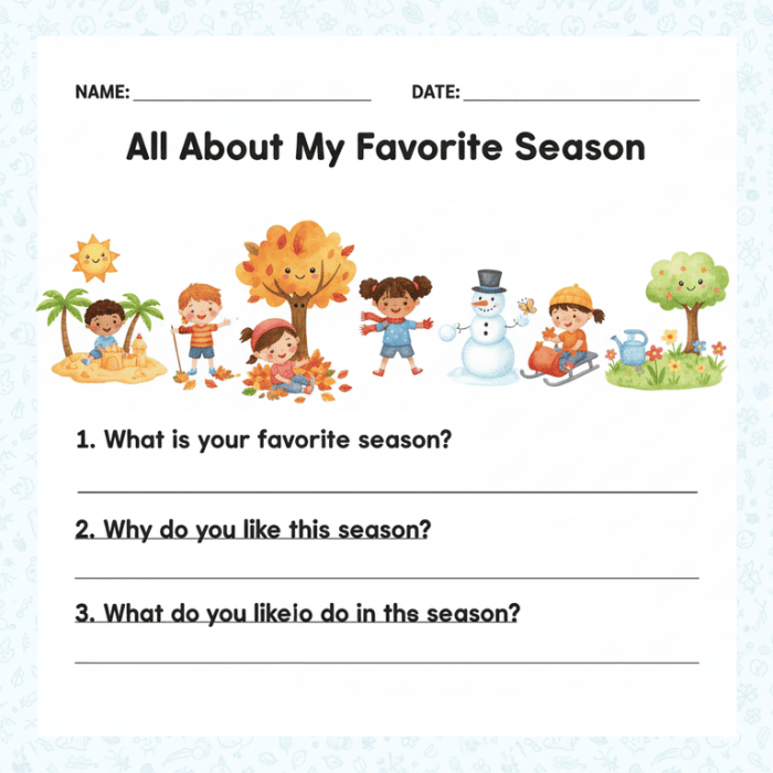 Third grade opinion writing worksheet featuring a My Favorite Season prompt for students