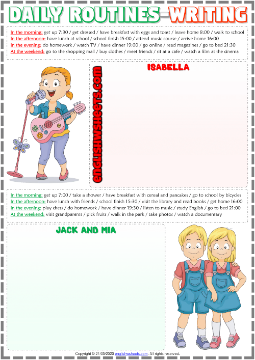 Third grade student practicing penmanship by writing a grocery list and journal entry for a writing workshop worksheet