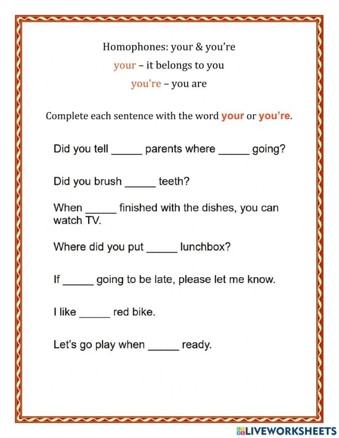 Engaging fill-in-the-blank story for mastering "your" versus "you're Worksheet for third graders to practice using "your" and "you're" in sentences