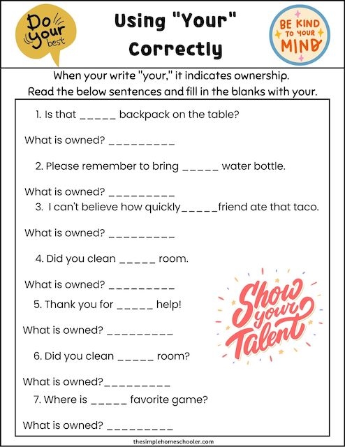 Engaging fill-in-the-blank exercise for young writers Worksheet helping third graders differentiate between your and you're