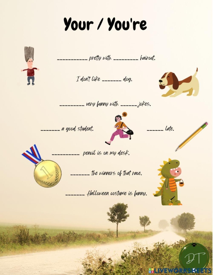 Writing worksheet for Third Grade Worksheet helping third graders distinguish between "your" and "you're" in a fill-in-the-blank story. Educational resource for mastering commonly confused words.