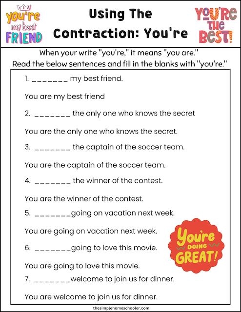 Engaging fill-in-the-blank activity for mastering your and you're Worksheet illustrating the difference between your and you're for third graders