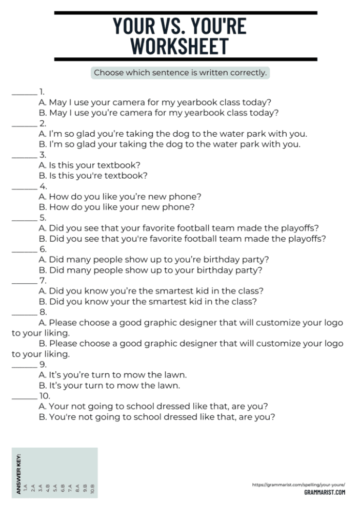 Writing worksheet for Third Grade Worksheet helping third graders distinguish between "your" and "you're" with fill-in-the-blank exercises. Educational resource for mastering writing skills in a fun way.