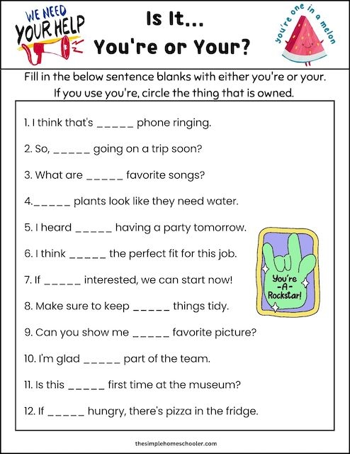 Engaging fill-in-the-blank story for mastering you're and your Worksheet helping third graders practice the difference between you're and your