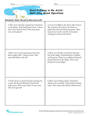 Word Problems in the Arctic: Multi-Step Mixed Operations Worksheet Image 20 Third grade students solving Arctic-themed multi-step word problems with addition, subtraction, multiplication and division operations