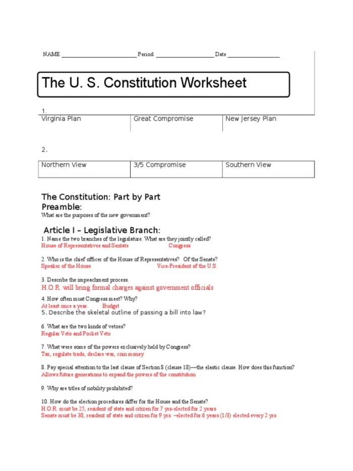 Third grade student completing a Learn About the U.S. Constitution worksheet about government