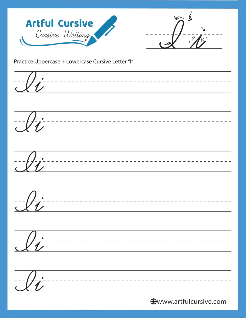 Cursive I handwriting practice sheet for third grade students number ten Third grade student practicing cursive letter I writing skills on a phonics worksheet