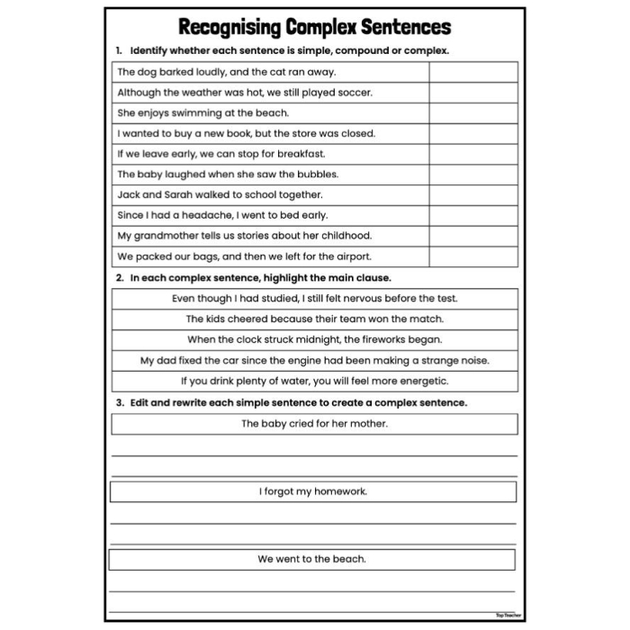 Third grade students practice writing complex sentences by joining independent and dependent clauses together on a grammar worksheet