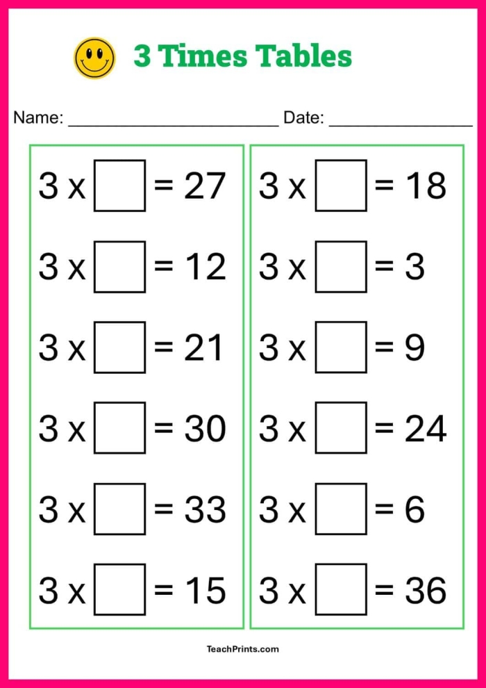 Times Tables 3s Practice Worksheet Seven Third grade student filling out a multiplication worksheet focusing on the number three