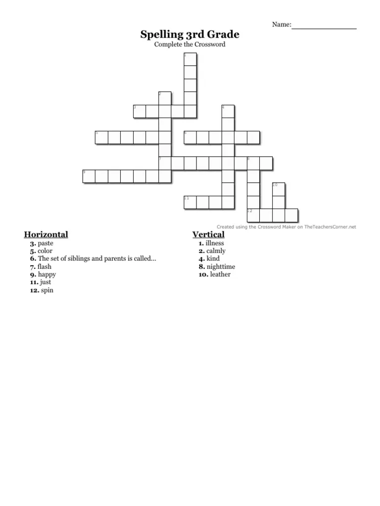 A child solving a colorful 3rd grade vocabulary crossword puzzle with grade-appropriate words and clues