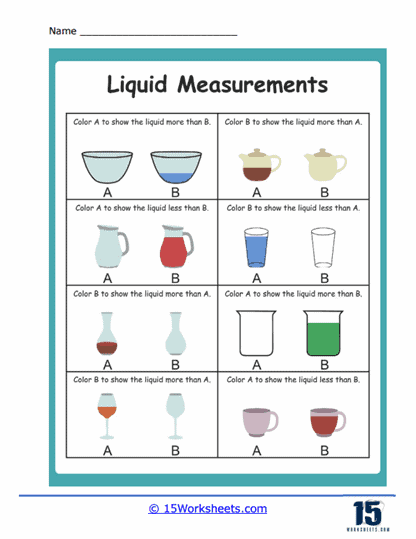 Reading Liquid Measurements Practice Activity for Elementary Math Learners Third grade students practicing liquid measurement conversions with liters and milliliters on a colorful math worksheet