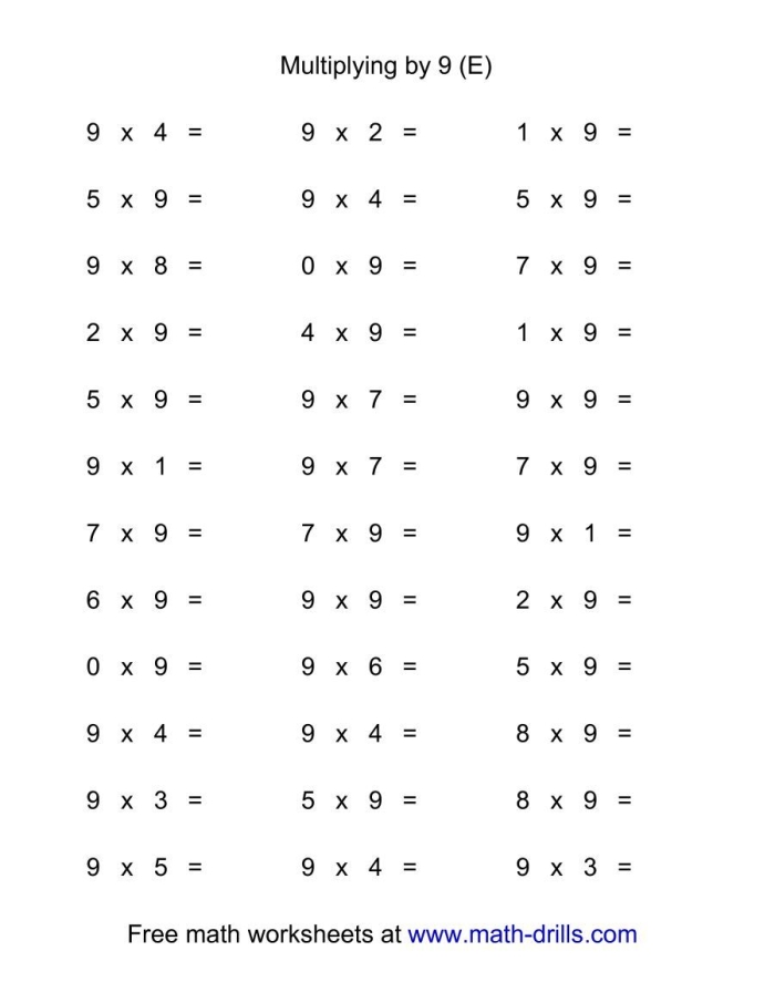 Third grade students practice multiplying by nine with simple multiplication problems on a worksheet