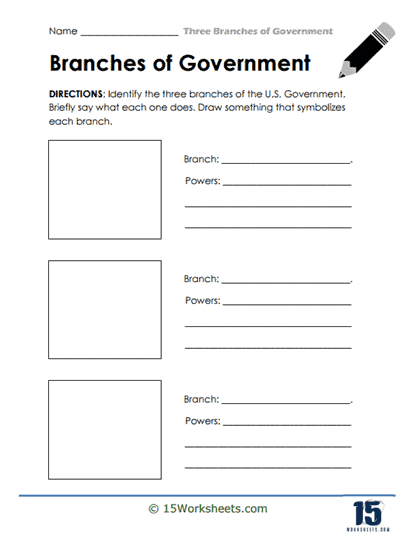 Fourth grade student worksheet featuring a fill in the blanks diagram of the three branches of the U.S. government