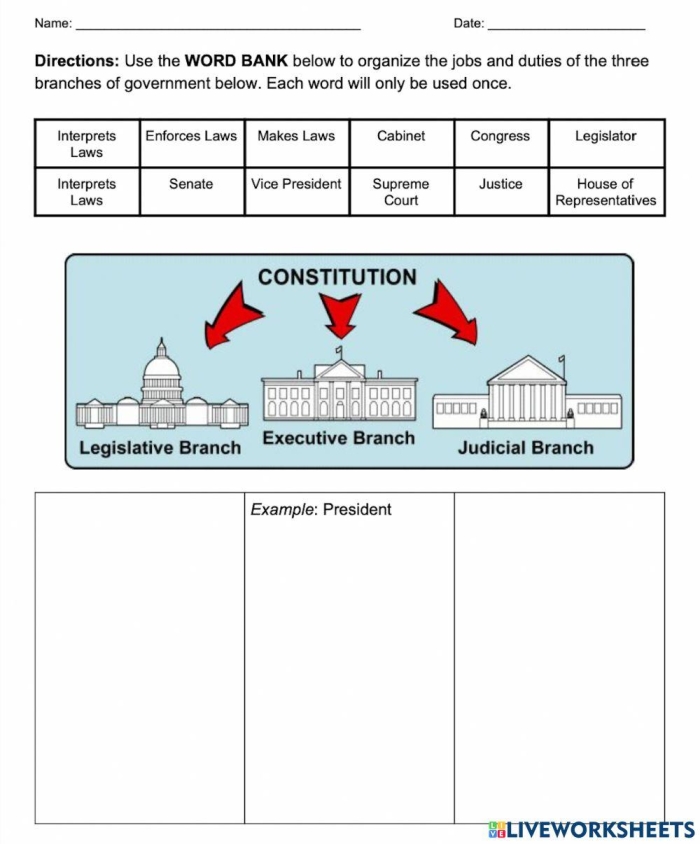 Second grade worksheet illustration showing the three branches of US government with the Capitol, White House, and Supreme Court buildings labeled for students learning civics