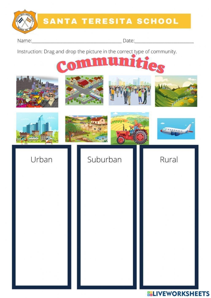 Three Types of Communities Sight Words Activity for Elementary Learners Second grade students identifying and labeling rural urban and suburban communities on a vocabulary worksheet