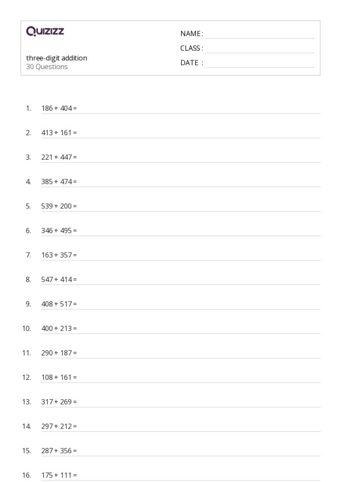 Three-digit addition worksheet for second graders featuring 23 practice problems