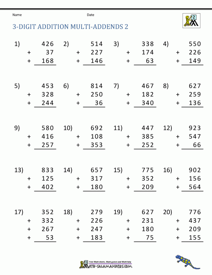 Math Notes worksheet showing two three-digit numbers being added together with ones tens and hundreds places Second grade students solving three-digit addition problems without regrouping using place value columns