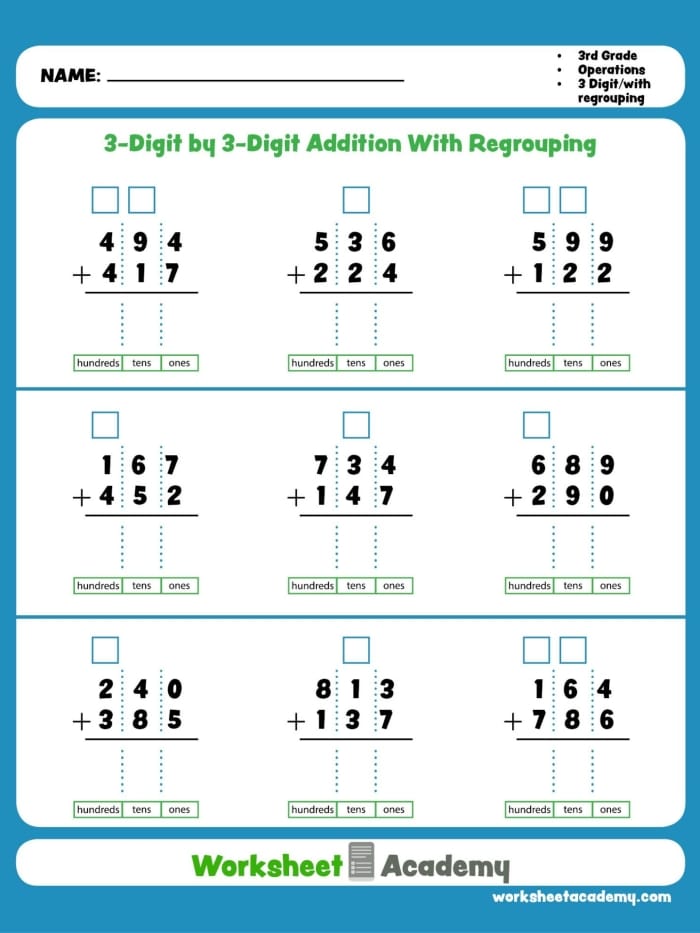 Third grade math worksheet featuring addition problems with three-digit numbers up to 1000