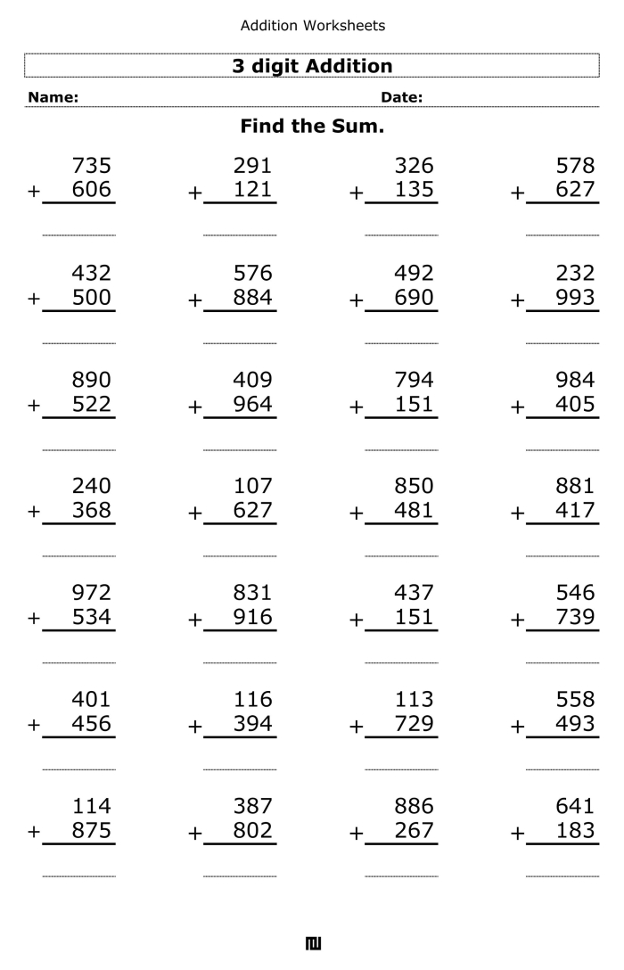 Second grade math worksheet featuring twenty-three three-digit addition practice problems