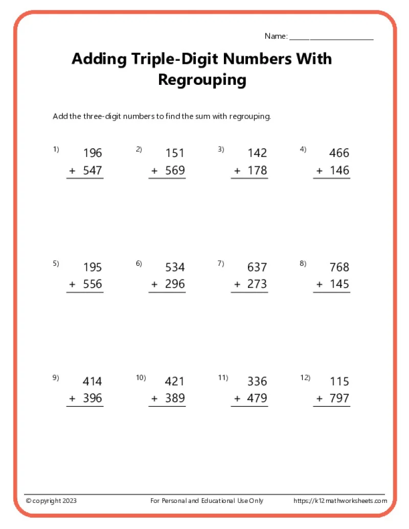 Second grade students solving twenty-three three-digit addition problems on a math practice worksheet
