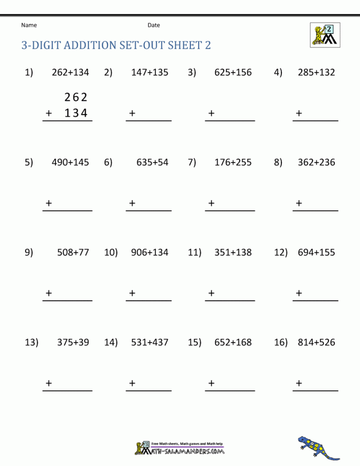 Three-digit addition worksheet featuring 23 practice problems for second graders