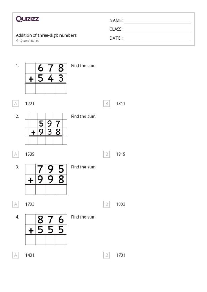 Add It Up! Three-Digit Numbers worksheet for enhancing addition skills Three-digit addition worksheet featuring twelve practice problems for third graders