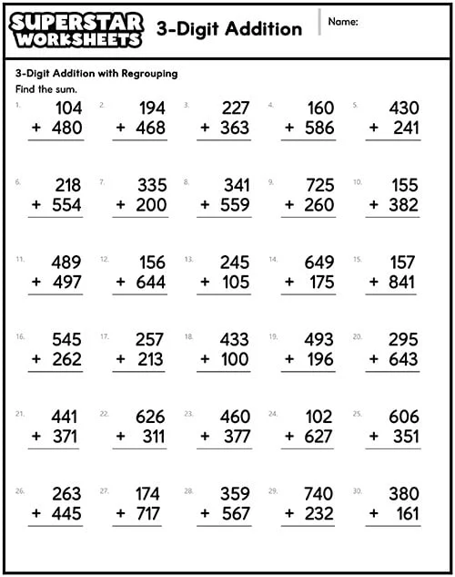 Worksheet featuring 36 problems for three-digit addition with regrouping for third graders