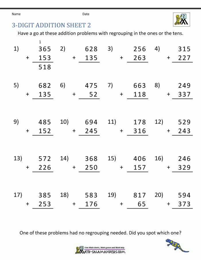 Three-digit addition worksheet featuring regrouping practice problems for third graders