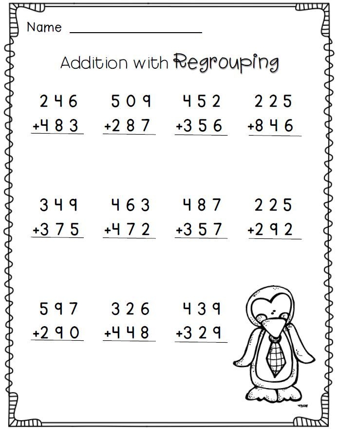 Third grade math worksheet featuring 36 problems of three-digit addition with regrouping