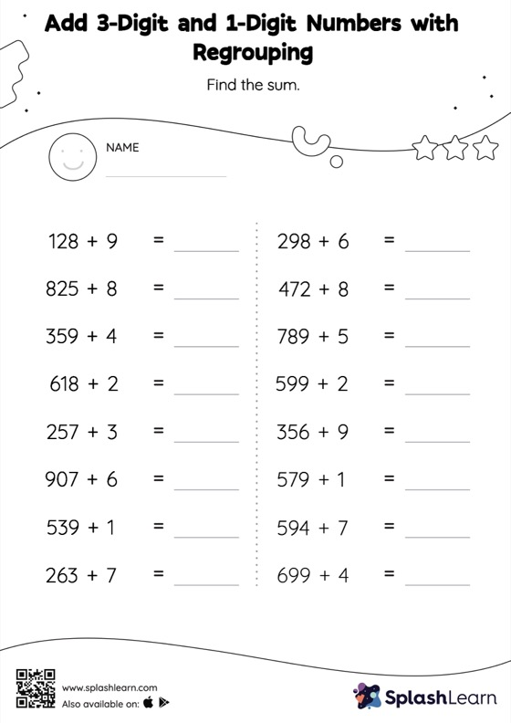 Third grade math worksheet featuring thirty-six three-digit addition problems with regrouping for set nine