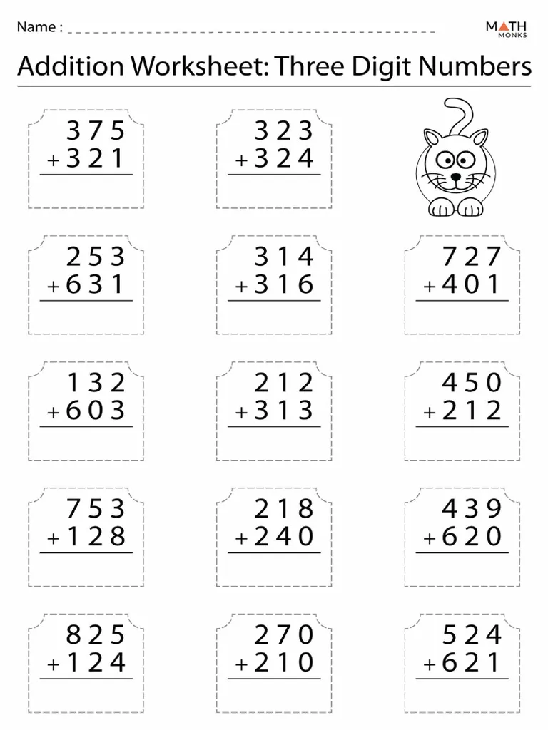 Add It Up! Three-Digit Numbers practice worksheet for enhancing addition skills Worksheet featuring twelve three-digit addition problems for third graders