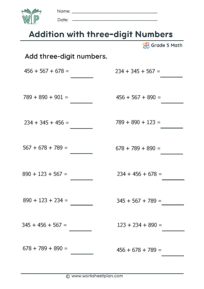 Worksheet for adding three-digit numbers, designed for third graders to practice within 1,000