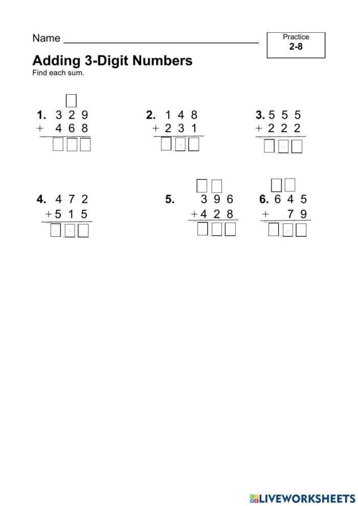 Add It Up! Three-Digit Numbers practice worksheet for improving addition skills Worksheet featuring twelve three-digit addition problems for third graders