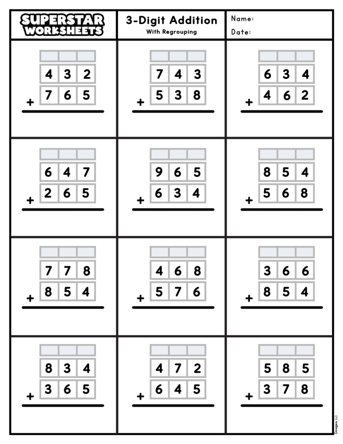 Add It Up! Three-Digit Numbers worksheet for third graders Worksheet featuring twelve three-digit addition problems for practice